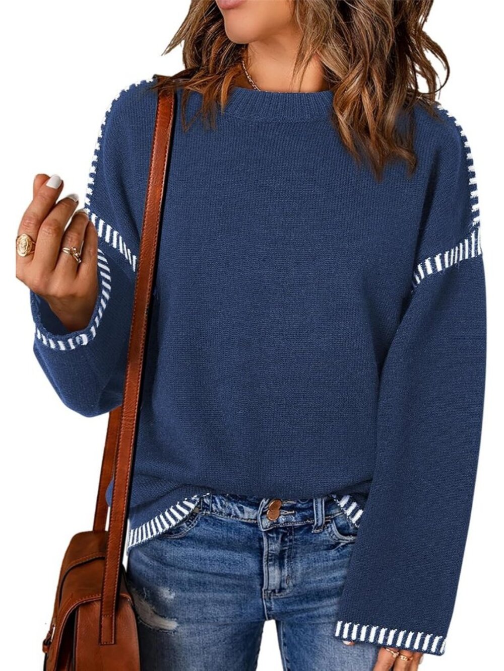 Women's Blue Oversized Crewneck Long Sleeve Knit Casual Fashion Sweater Tops